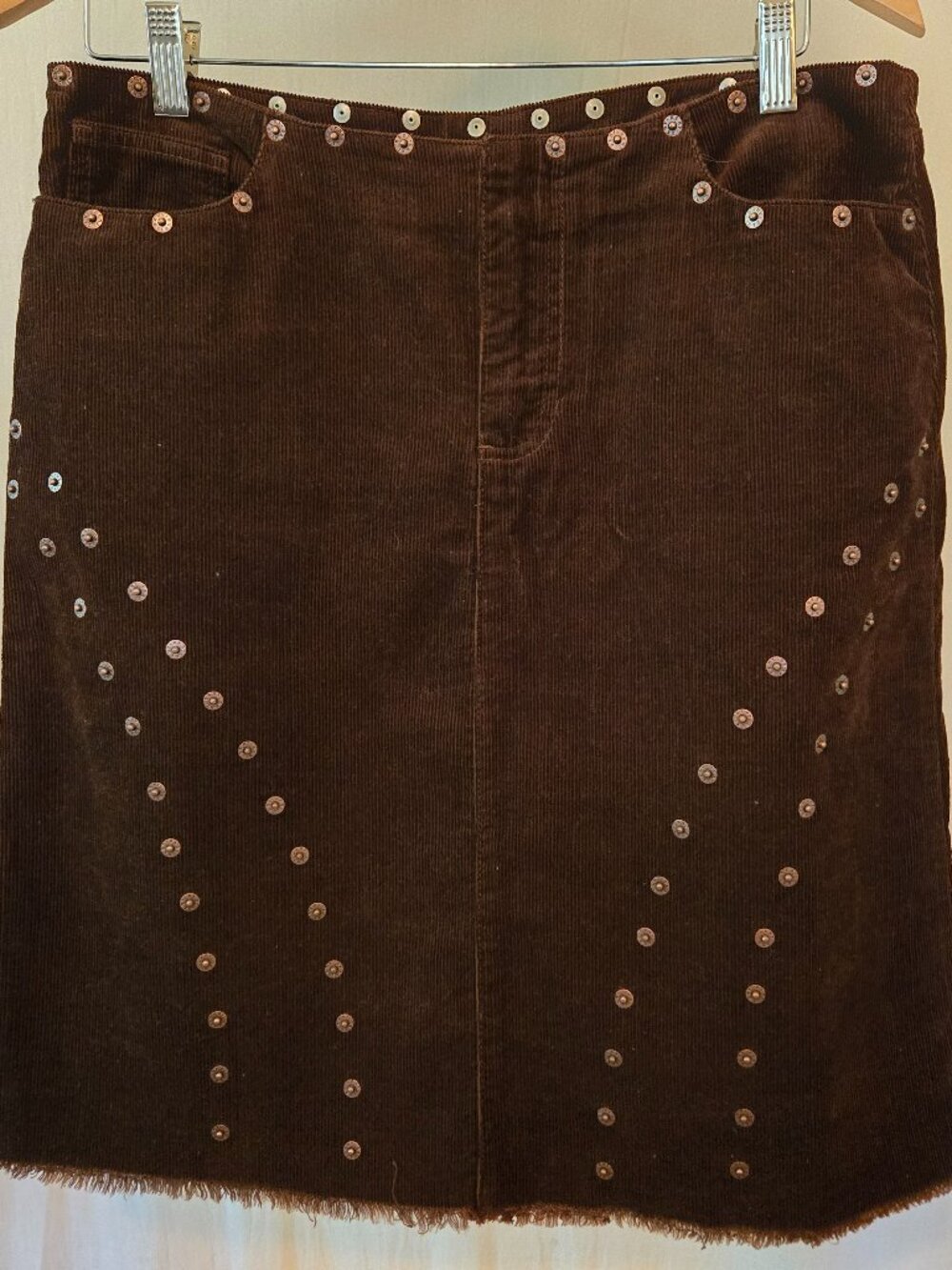 Vintage DKNY Jeans Y2K Brown Corduroy Grommet Studded Raw Hem A-Line Skirt 11
